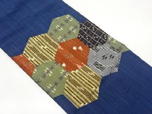 手織り紬切り嵌め亀甲に縞模様織出し名古屋帯